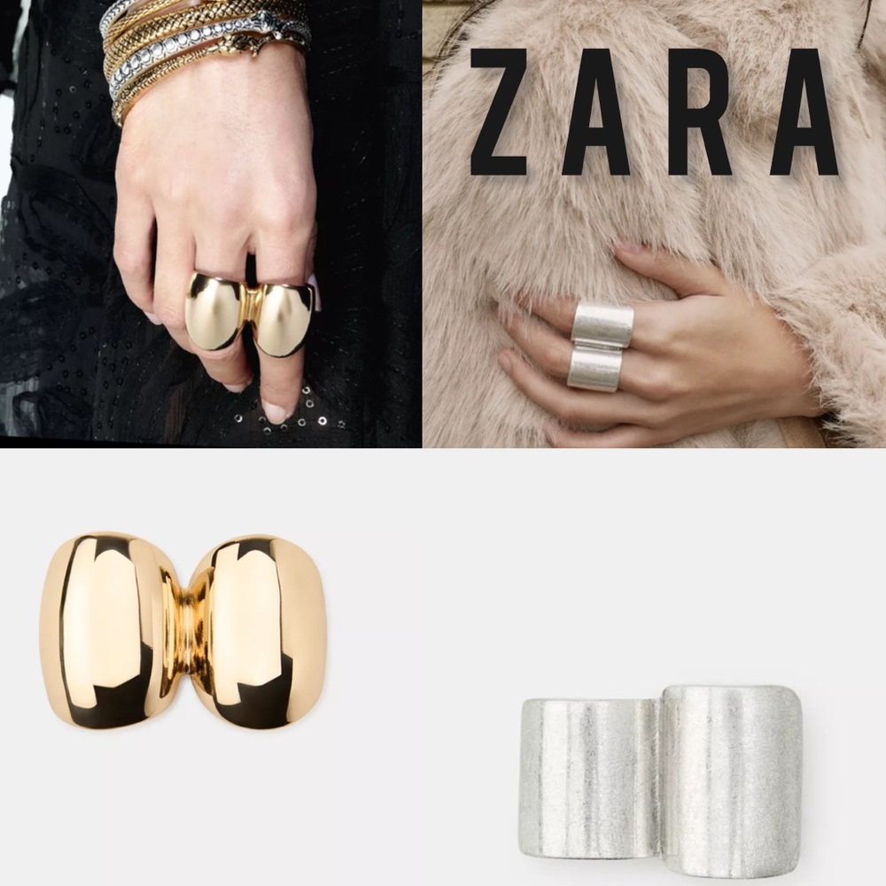 ZARA set 2 Pcs Embossed double metal rings Silver & gold Abstract Bloggers fav